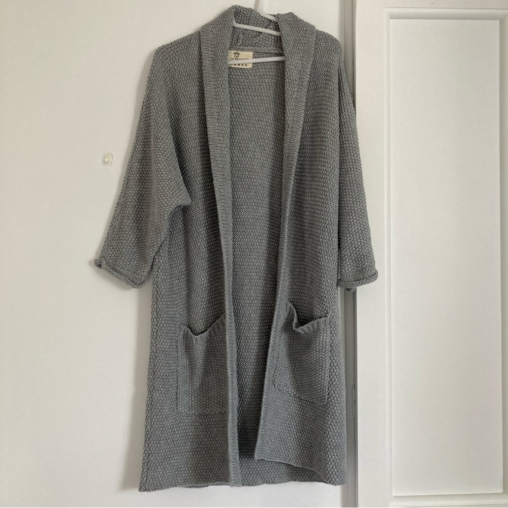 Gray Open-Front Knit Cardigan with Pockets